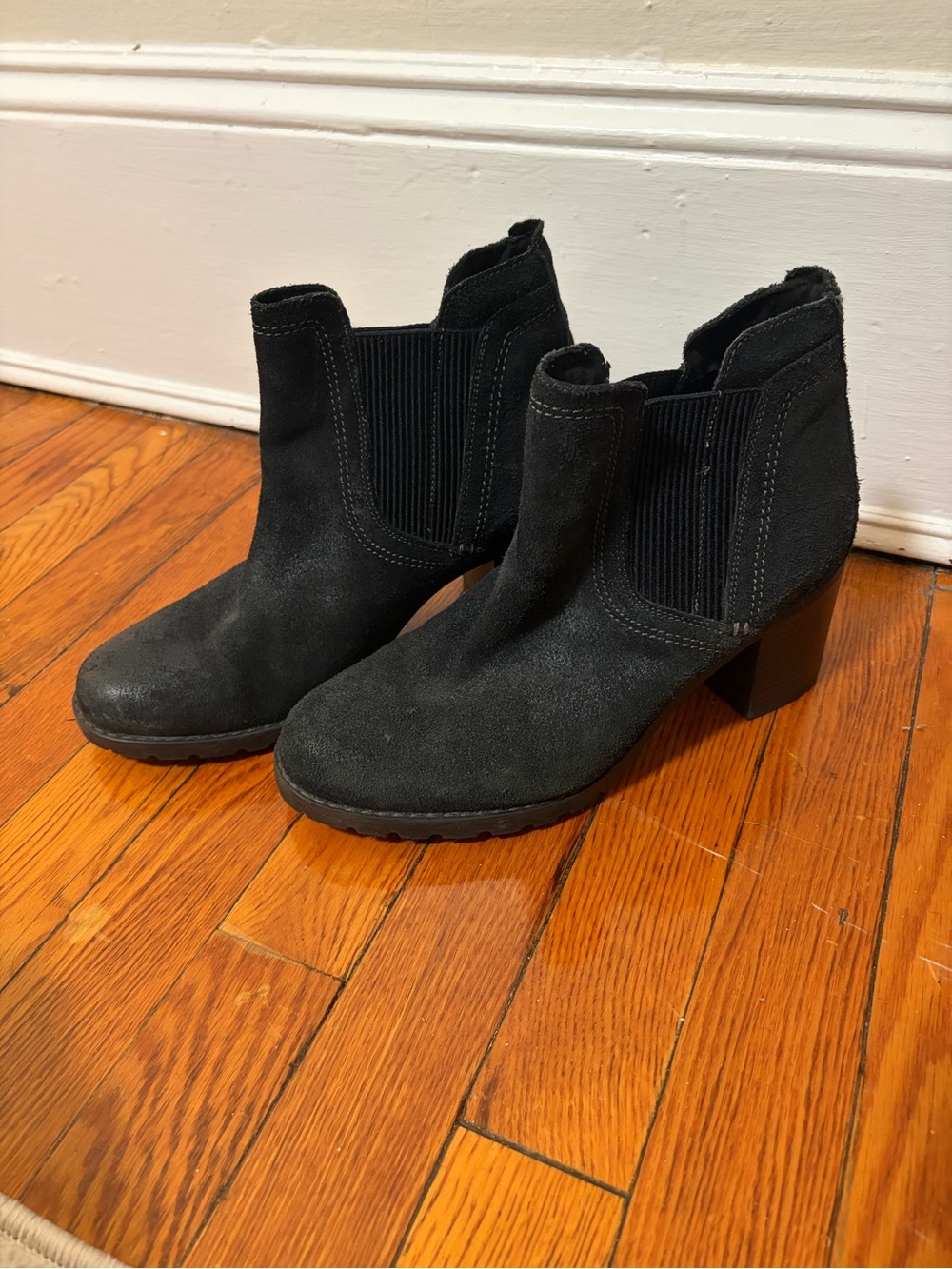 Clarks Black Suede Chelsea Block Heel Booties
